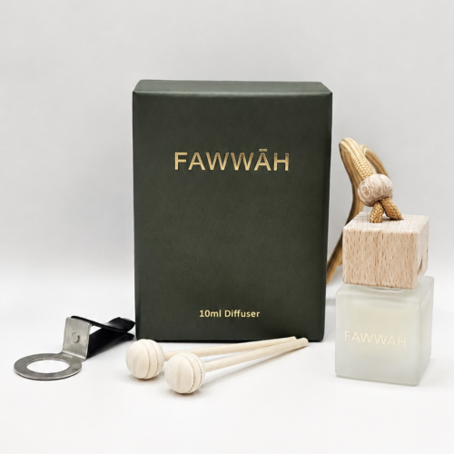 Fragrance car diffuser string setup with packaging in background For him For her Unisex Scented Long Lasting High Quality Made in the UK