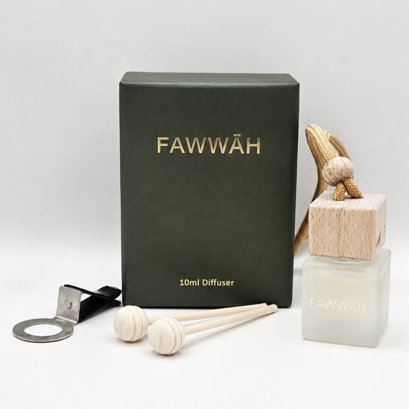 Fragrance car diffuser string setup with packaging in background For him For her Unisex Scented Long Lasting High Quality Made in the UK